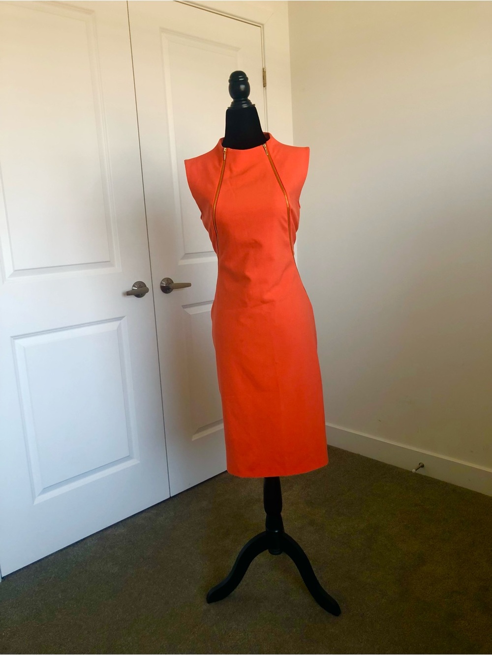 Calvin Klein Bright Orange Sleeveless Sheath Dress with Gold Trim
